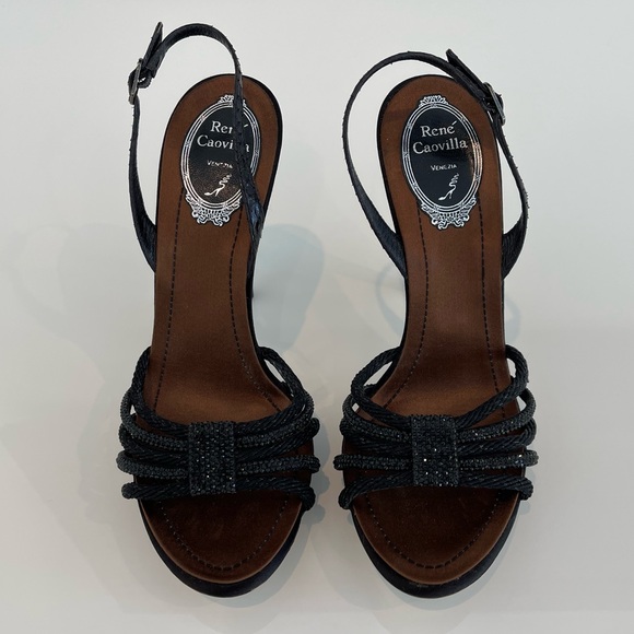 RENE CAOVILLA BLACK BROWN CRYSTAL SANDALS SIZE IT 37.5 / US 7.5 - Picture 3 of 16